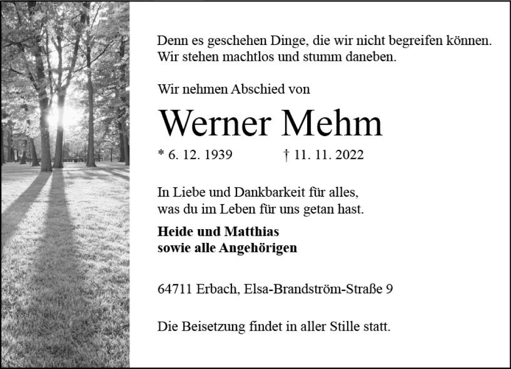  Traueranzeige für Werner Mehm vom 19.11.2022 aus vrm-trauer Odenwälder Echo