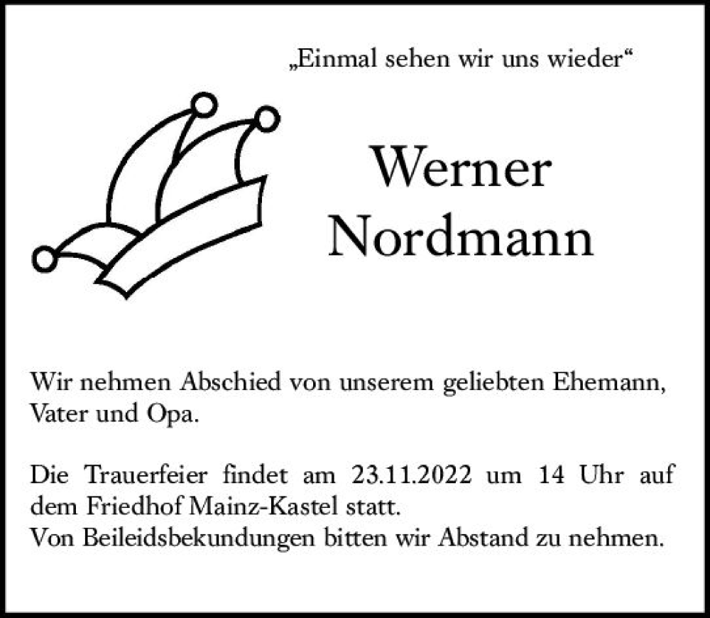  Traueranzeige für Werner Nordmann vom 19.11.2022 aus vrm-trauer AZ Mainz