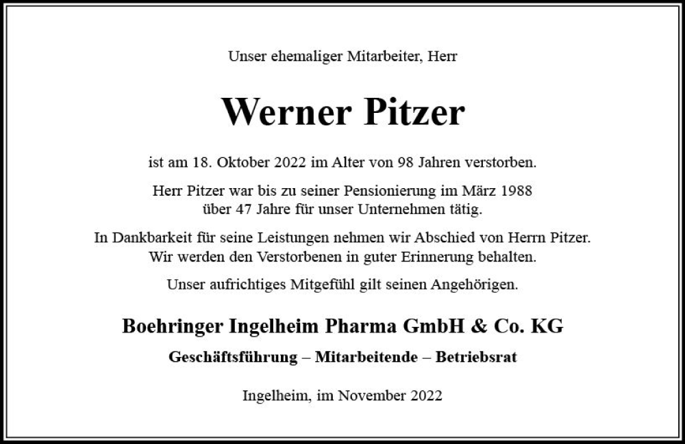  Traueranzeige für Werner Pitzer vom 05.11.2022 aus vrm-trauer Allgemeine  Zeitung Ingelheim-Bingen