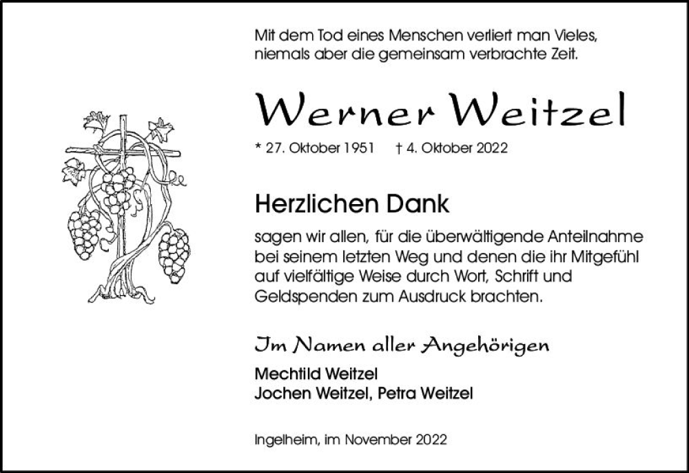  Traueranzeige für Werner Weitzel vom 19.11.2022 aus vrm-trauer Allgemeine  Zeitung Ingelheim-Bingen