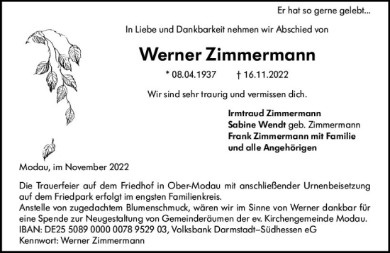 Traueranzeige von Werner Zimmermann von vrm-trauer Darmstädter Echo