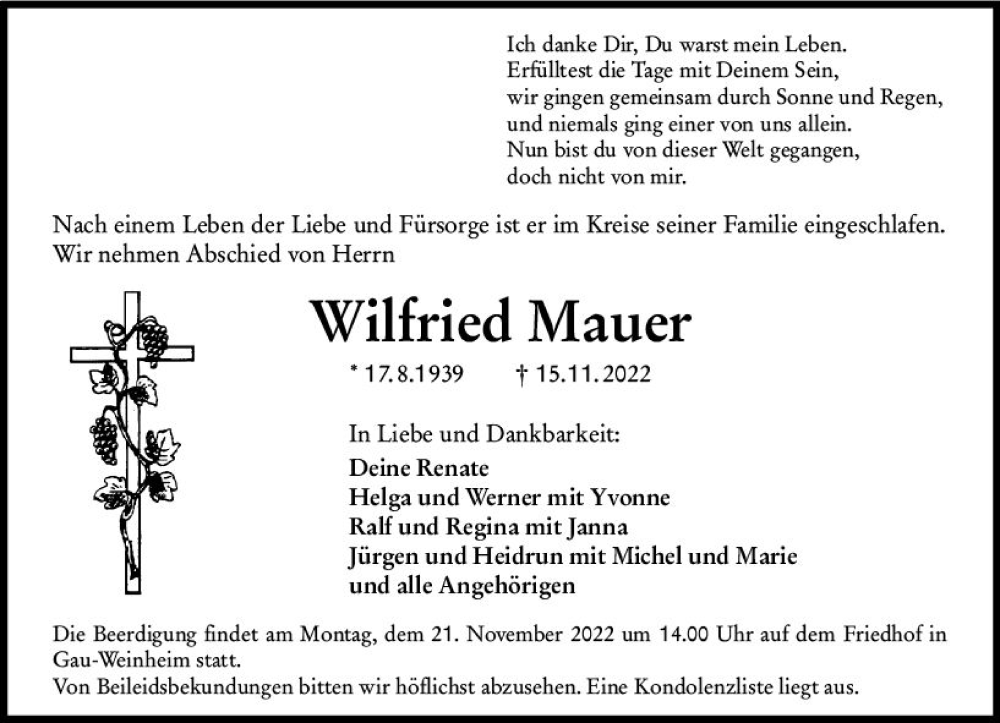  Traueranzeige für Wilfried Mauer vom 19.11.2022 aus vrm-trauer Allgemeine Zeitung Alzey
