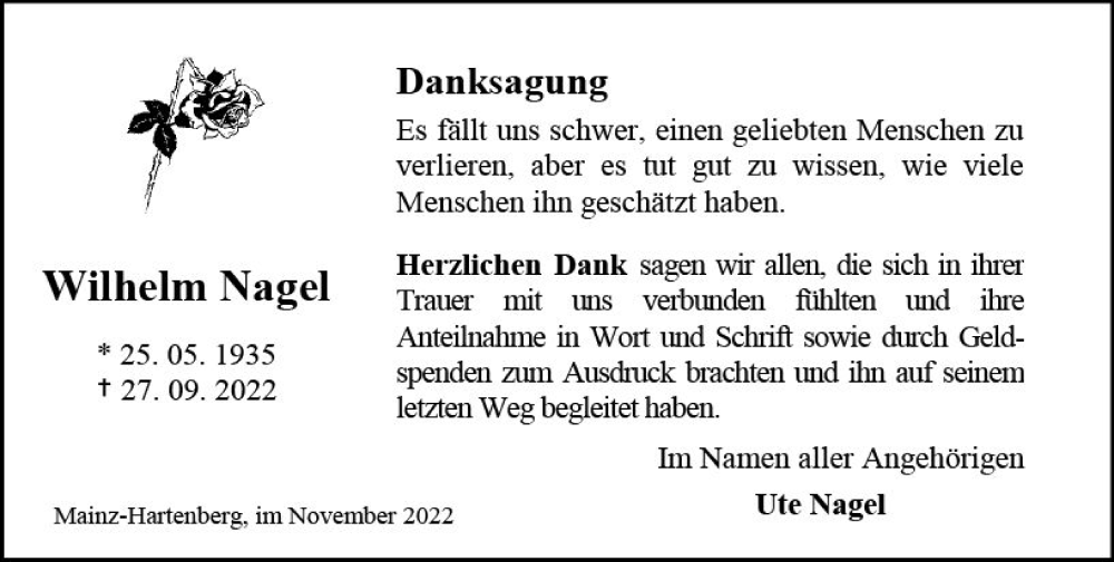  Traueranzeige für Wilhelm Nagel vom 12.11.2022 aus vrm-trauer AZ Mainz