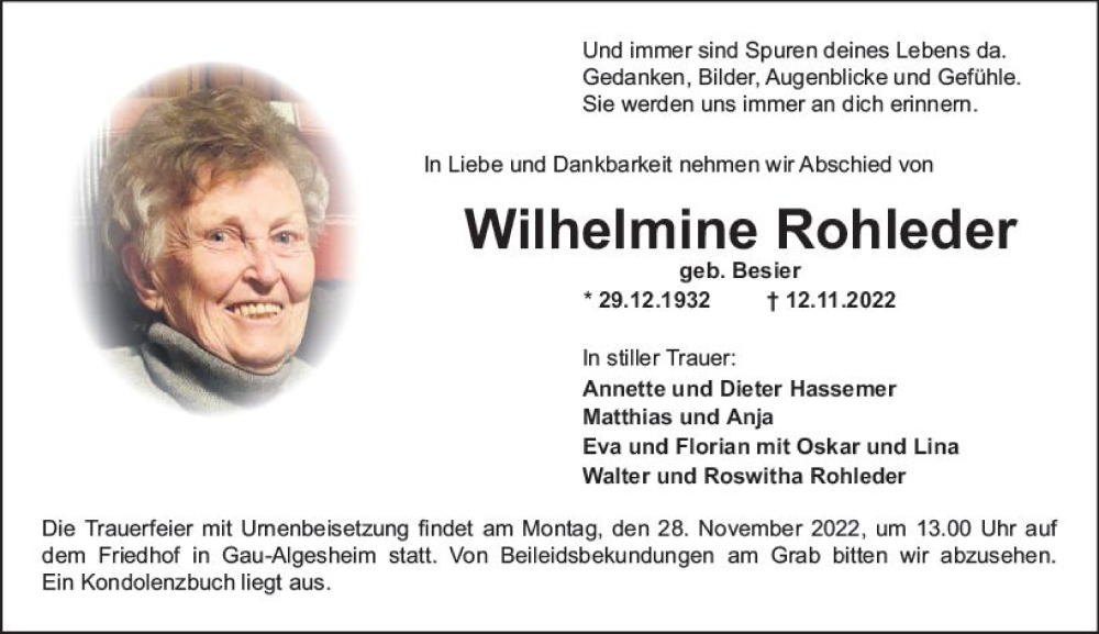  Traueranzeige für Wilhelmine Rohleder vom 19.11.2022 aus vrm-trauer Allgemeine  Zeitung Ingelheim-Bingen