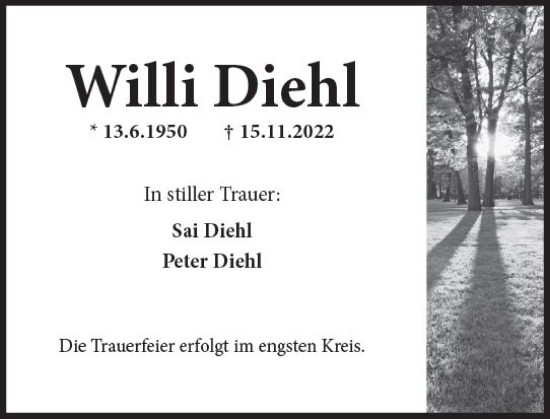 Traueranzeige von Willi Diehl von vrm-trauer Wiesbadener Kurier