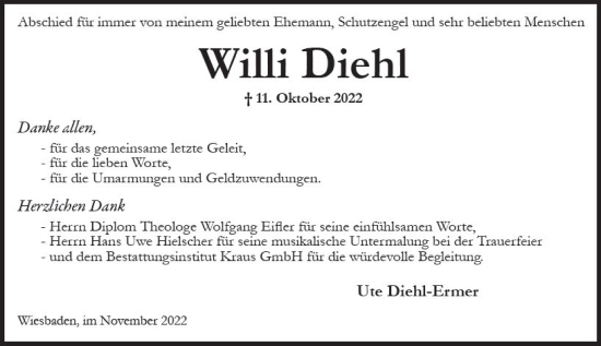 Traueranzeige von Willi Diehl von vrm-trauer Wiesbadener Kurier