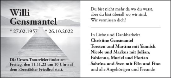 Traueranzeige von Willi Gensmantel von vrm-trauer Darmstädter Echo