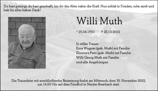 Traueranzeige von Willi Muth von vrm-trauer Darmstädter Echo