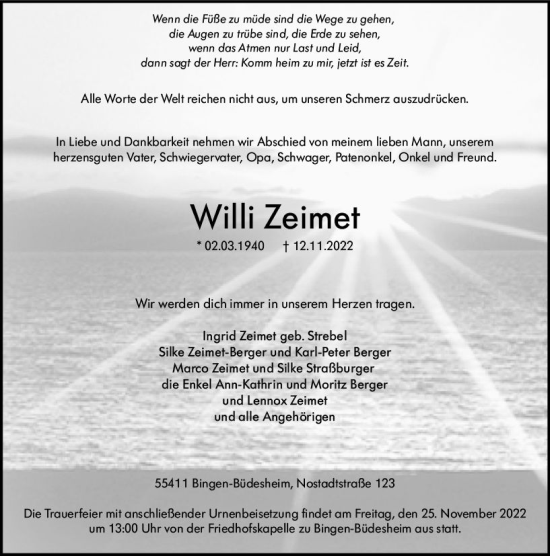 Traueranzeige von Willi Zeimet von vrm-trauer Allgemeine  Zeitung Ingelheim-Bingen