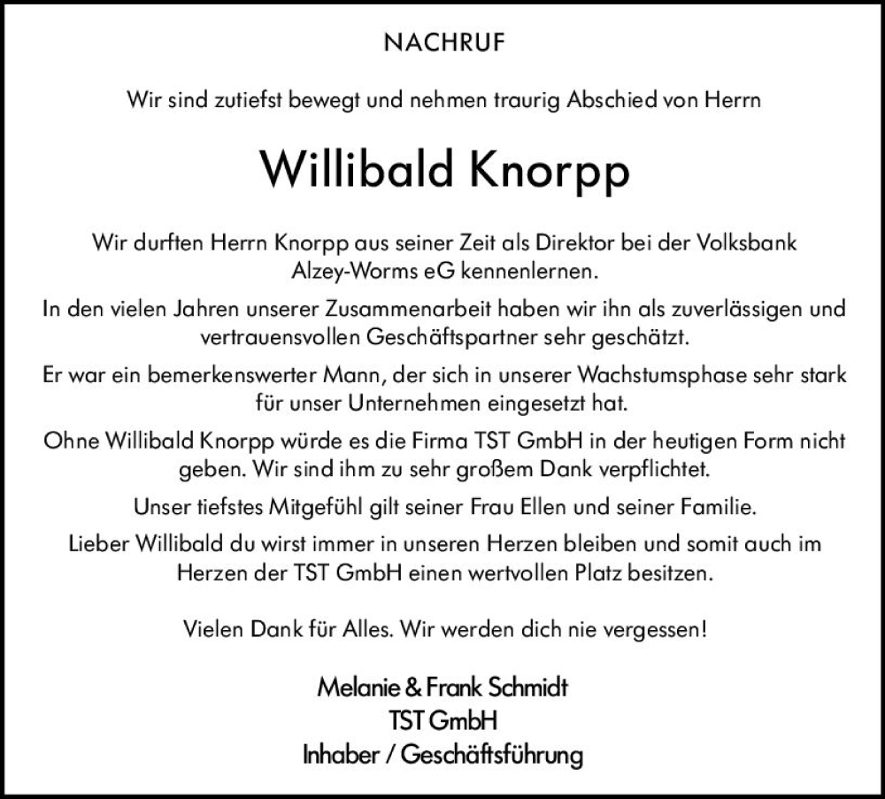  Traueranzeige für Willibald Knorpp vom 16.11.2022 aus vrm-trauer Allgemeine Zeitung Alzey