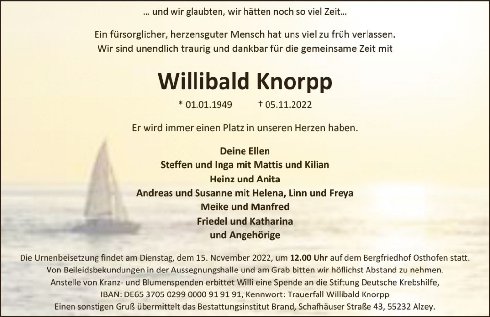  Traueranzeige für Willibald Knorpp vom 12.11.2022 aus vrm-trauer Allgemeine Zeitung Alzey