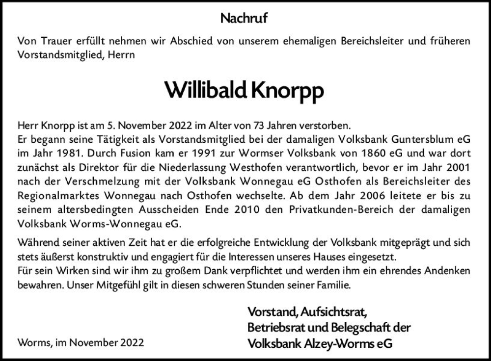  Traueranzeige für Willibald Knorpp vom 15.11.2022 aus vrm-trauer Allgemeine Zeitung Alzey
