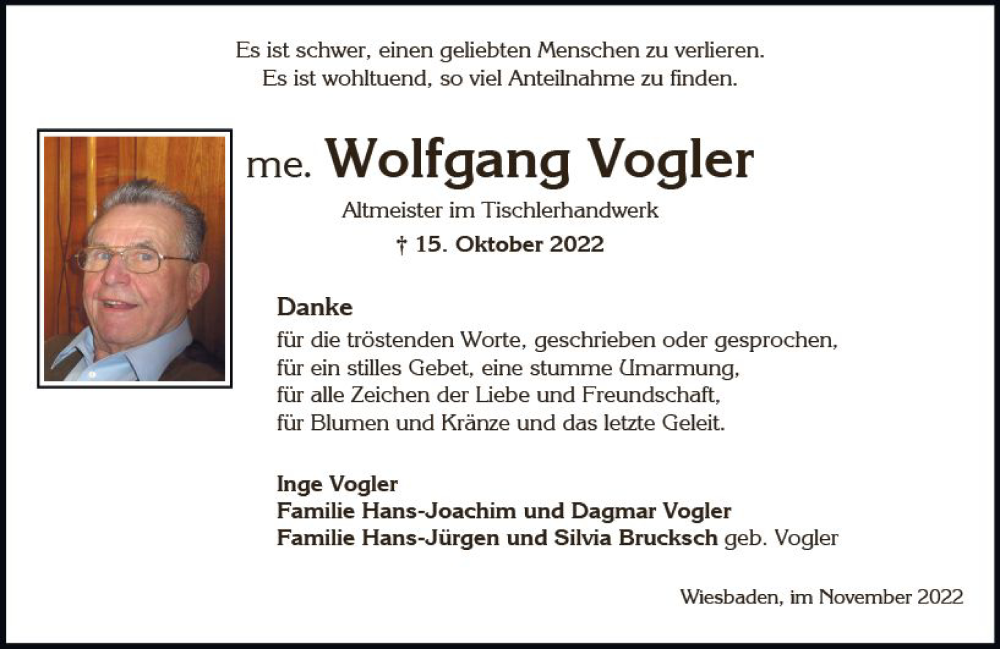  Traueranzeige für Wolfgang Vogler vom 12.11.2022 aus vrm-trauer Wiesbadener Kurier