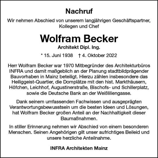 Traueranzeige von Wolfram Becker von vrm-trauer AZ Mainz