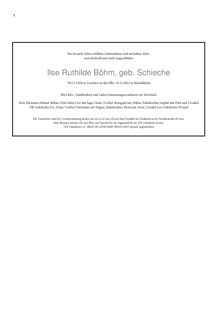  Traueranzeige für Ilse Ruthilde Böhm vom 13.12.2022 aus vrm-trauer AZ Mainz