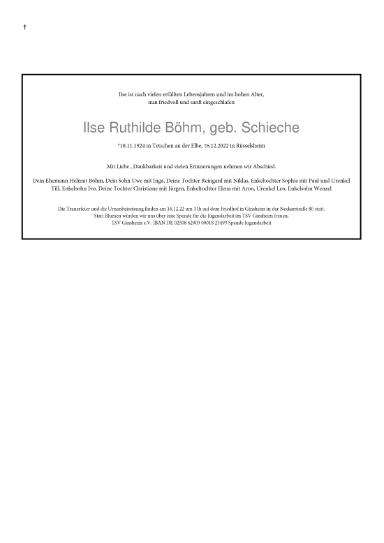 Traueranzeige von Ilse Ruthilde Böhm von vrm-trauer AZ Mainz