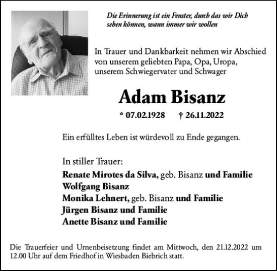 Traueranzeige von Adam Bisanz von vrm-trauer Wiesbadener Kurier