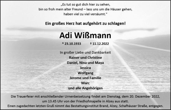 Traueranzeige von Adi Wißmann von vrm-trauer Allgemeine Zeitung Alzey