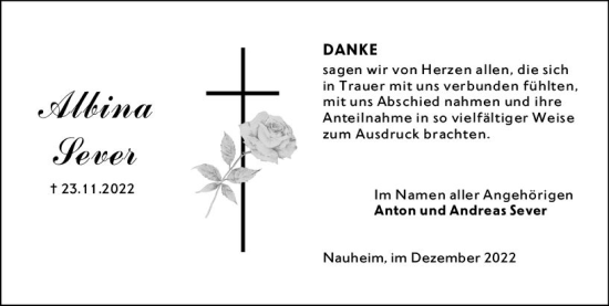 Traueranzeige von Albina Sever von vrm-trauer Rüsselsheimer Echo / MainSpitze
