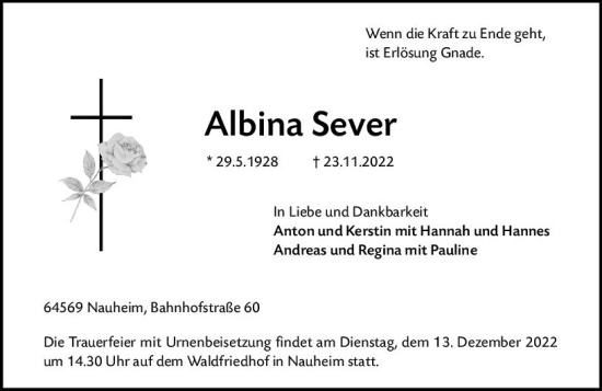 Traueranzeige von Albina Sever von vrm-trauer Rüsselsheimer Echo / MainSpitze