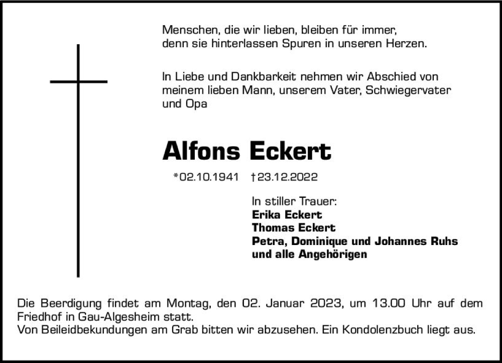  Traueranzeige für Alfons Eckert vom 30.12.2022 aus vrm-trauer Allgemeine  Zeitung Ingelheim-Bingen