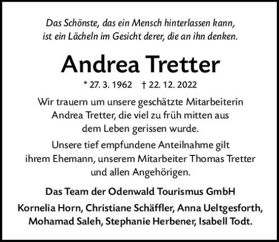 Traueranzeige von Andrea Tretter von vrm-trauer Odenwälder Echo