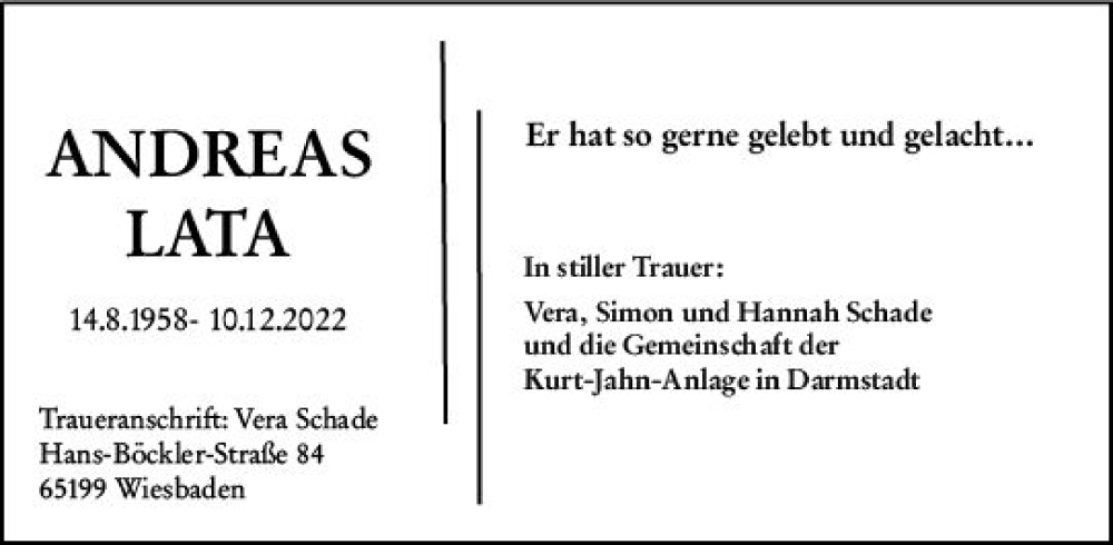  Traueranzeige für Andreas Lata vom 17.12.2022 aus vrm-trauer Darmstädter Echo