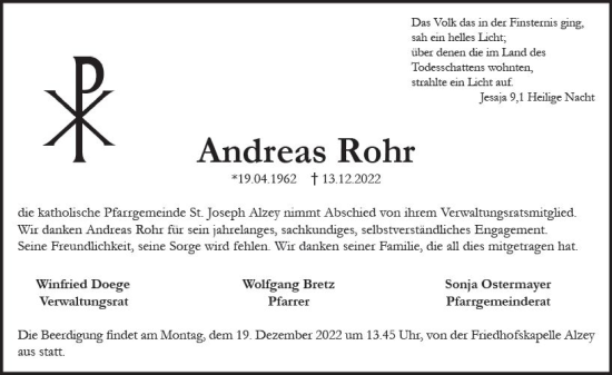 Traueranzeige von Andreas Rohr von vrm-trauer Allgemeine Zeitung Alzey