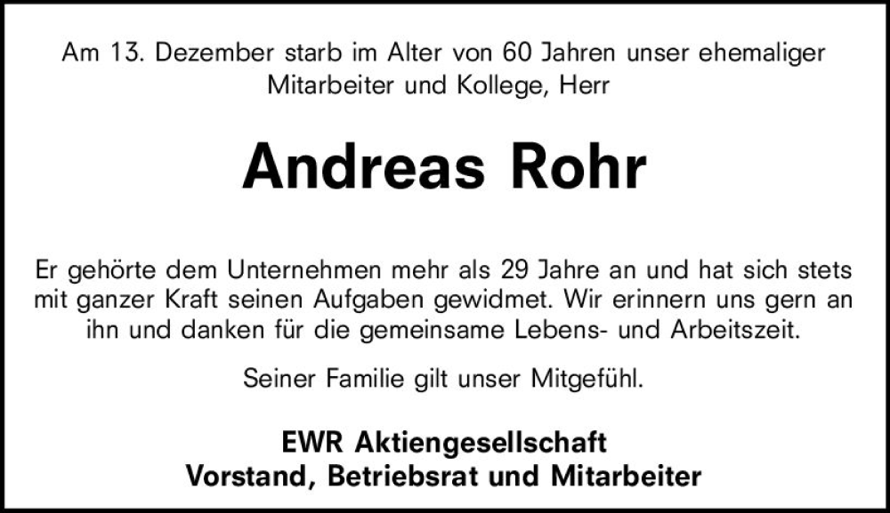  Traueranzeige für Andreas Rohr vom 21.12.2022 aus vrm-trauer Allgemeine Zeitung Alzey