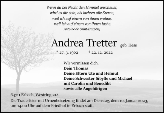 Traueranzeige von Andrea Tretter von vrm-trauer Odenwälder Echo