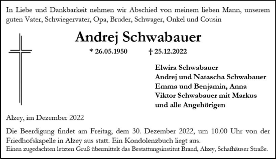 Traueranzeige von Andrej Schwabauer von vrm-trauer Allgemeine Zeitung Alzey