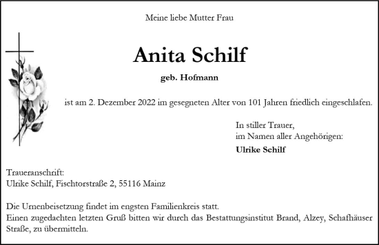 Traueranzeige von Anita Schilf von vrm-trauer Allgemeine Zeitung Alzey