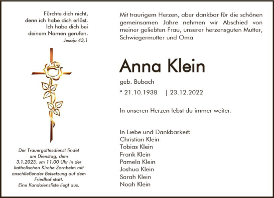 Traueranzeige von Anna Klein von vrm-trauer AZ Mainz