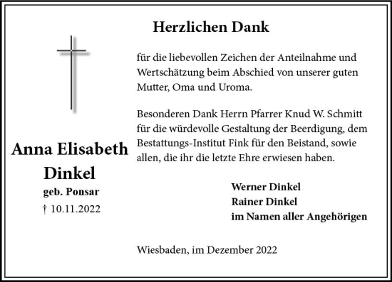 Traueranzeige von Anna Elisabeth Dinkel von vrm-trauer Wiesbadener Kurier