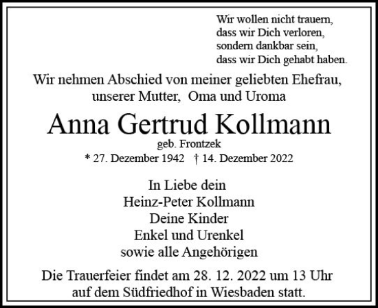 Traueranzeige von Anna Gertrud Kollmann von vrm-trauer Wiesbadener Kurier