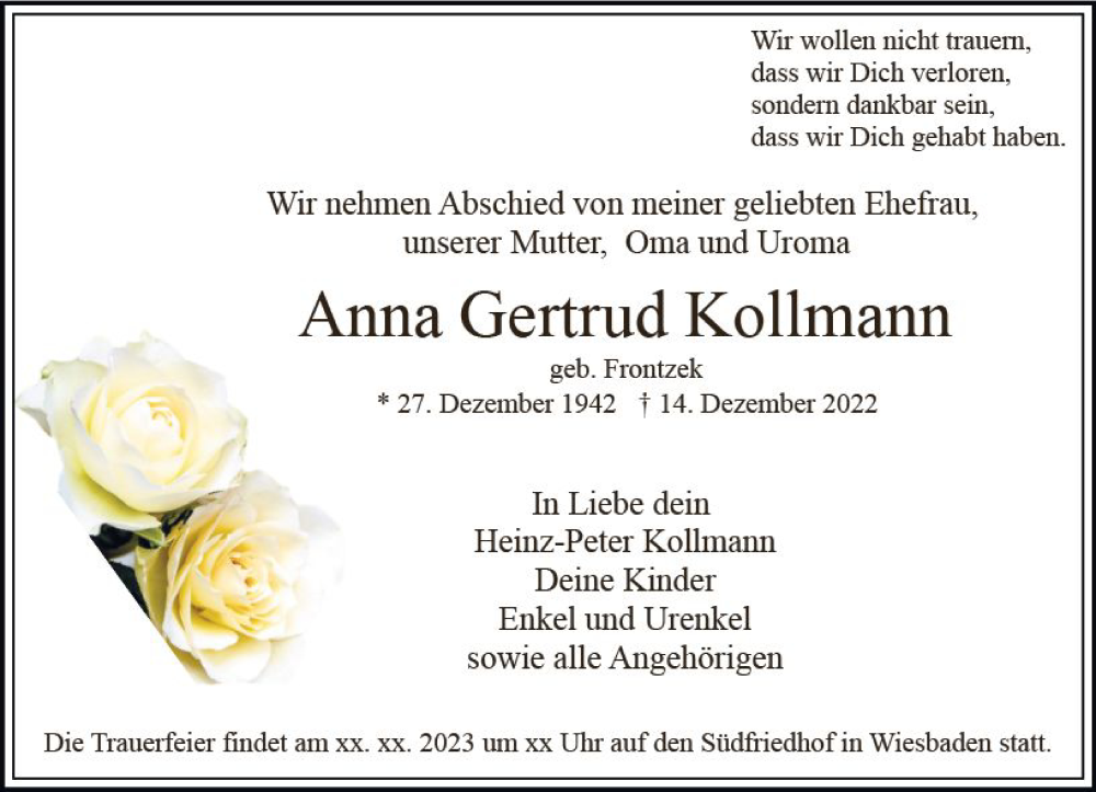  Traueranzeige für Anna Gertrud Kollmann vom 24.12.2022 aus vrm-trauer Wiesbadener Kurier