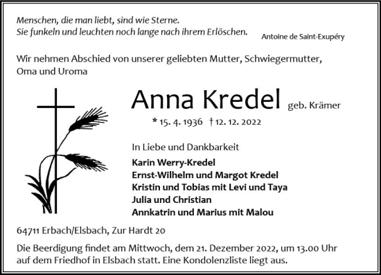 Traueranzeige von Anna Kredel Krämer von vrm-trauer Odenwälder Echo