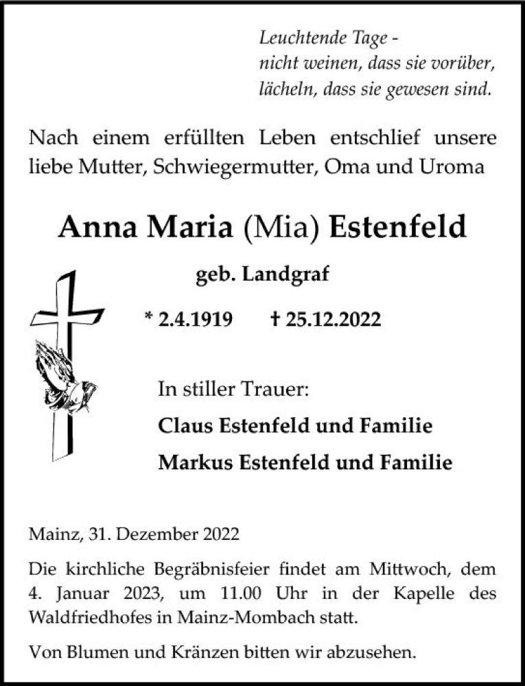  Traueranzeige für Anna Maria  Estenfeld vom 31.12.2022 aus vrm-trauer AZ Mainz