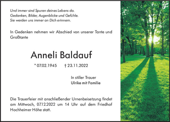 Traueranzeige von Anneli Baldauf von vrm-trauer Wormser Zeitung