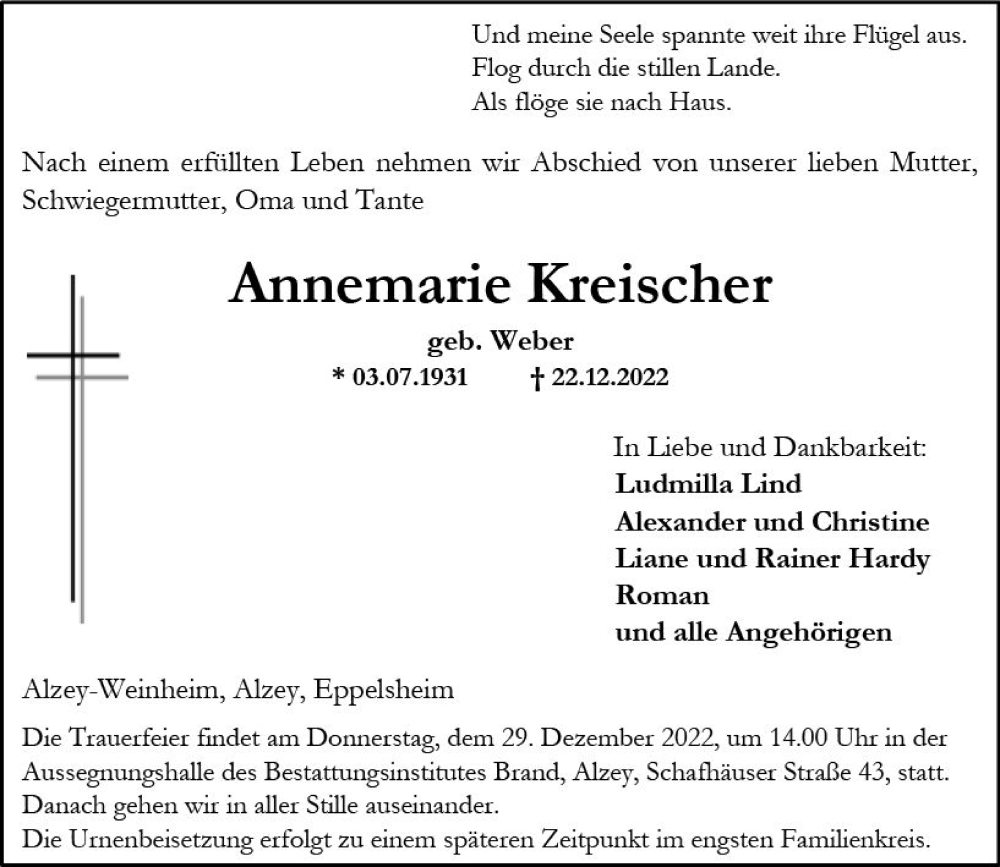  Traueranzeige für Annemarie Kreischer vom 24.12.2022 aus vrm-trauer Allgemeine Zeitung Alzey