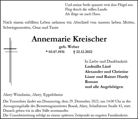 Traueranzeige von Annemarie Kreischer von vrm-trauer Allgemeine Zeitung Alzey