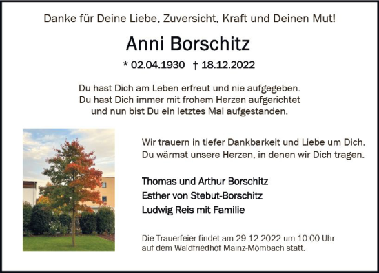 Traueranzeige von Anni Borschitz von vrm-trauer AZ Mainz