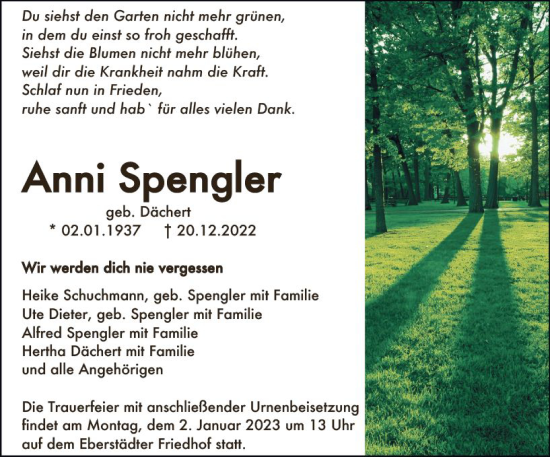 Traueranzeige von Anni Spengler von vrm-trauer Darmstädter Echo