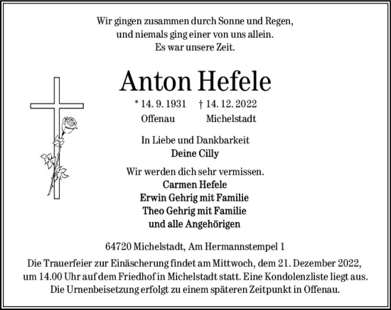 Traueranzeige von Anton Hefele von vrm-trauer Odenwälder Echo