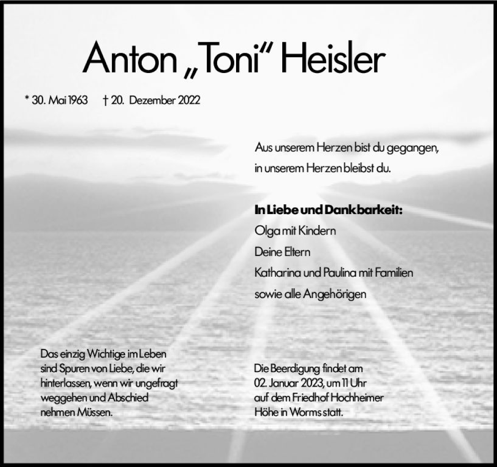  Traueranzeige für Anton Heisler vom 28.12.2022 aus vrm-trauer Wormser Zeitung