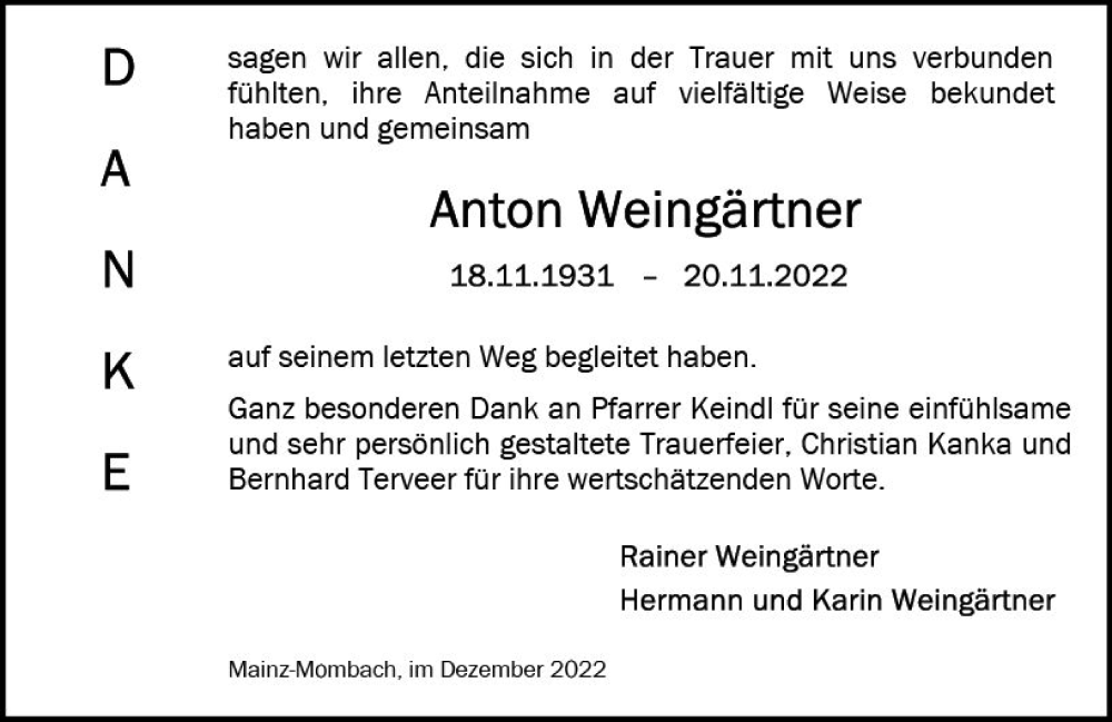  Traueranzeige für Anton Weingärtner vom 17.12.2022 aus vrm-trauer AZ Mainz
