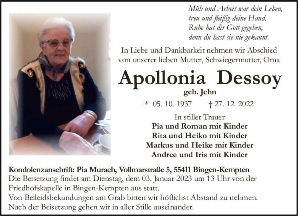  Traueranzeige für Apollonia Dessoy vom 31.12.2022 aus vrm-trauer Allgemeine  Zeitung Ingelheim-Bingen