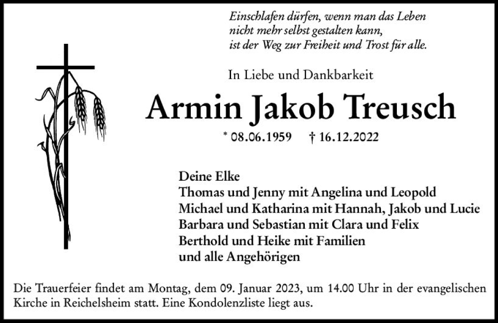  Traueranzeige für Armin Jakob Treusch vom 31.12.2022 aus vrm-trauer Bergsträßer Anzeiger