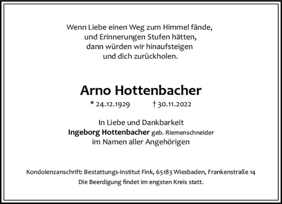 Traueranzeige von Arno Hottenbacher von vrm-trauer Wiesbadener Kurier
