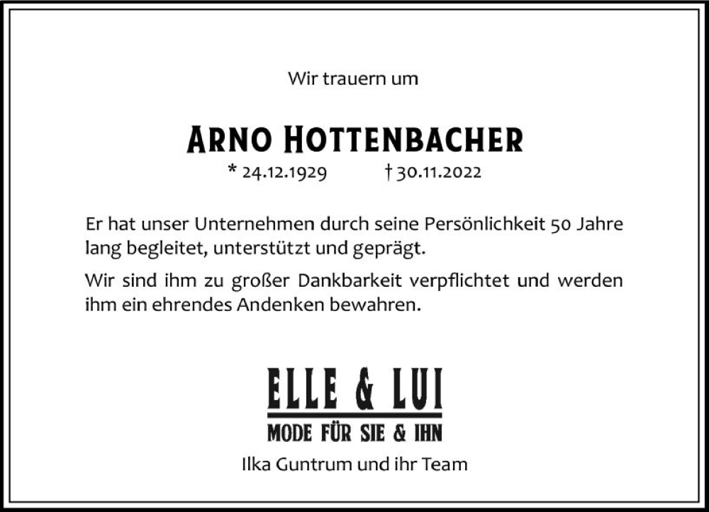  Traueranzeige für Arno Hottenbacher vom 10.12.2022 aus vrm-trauer Wiesbadener Kurier